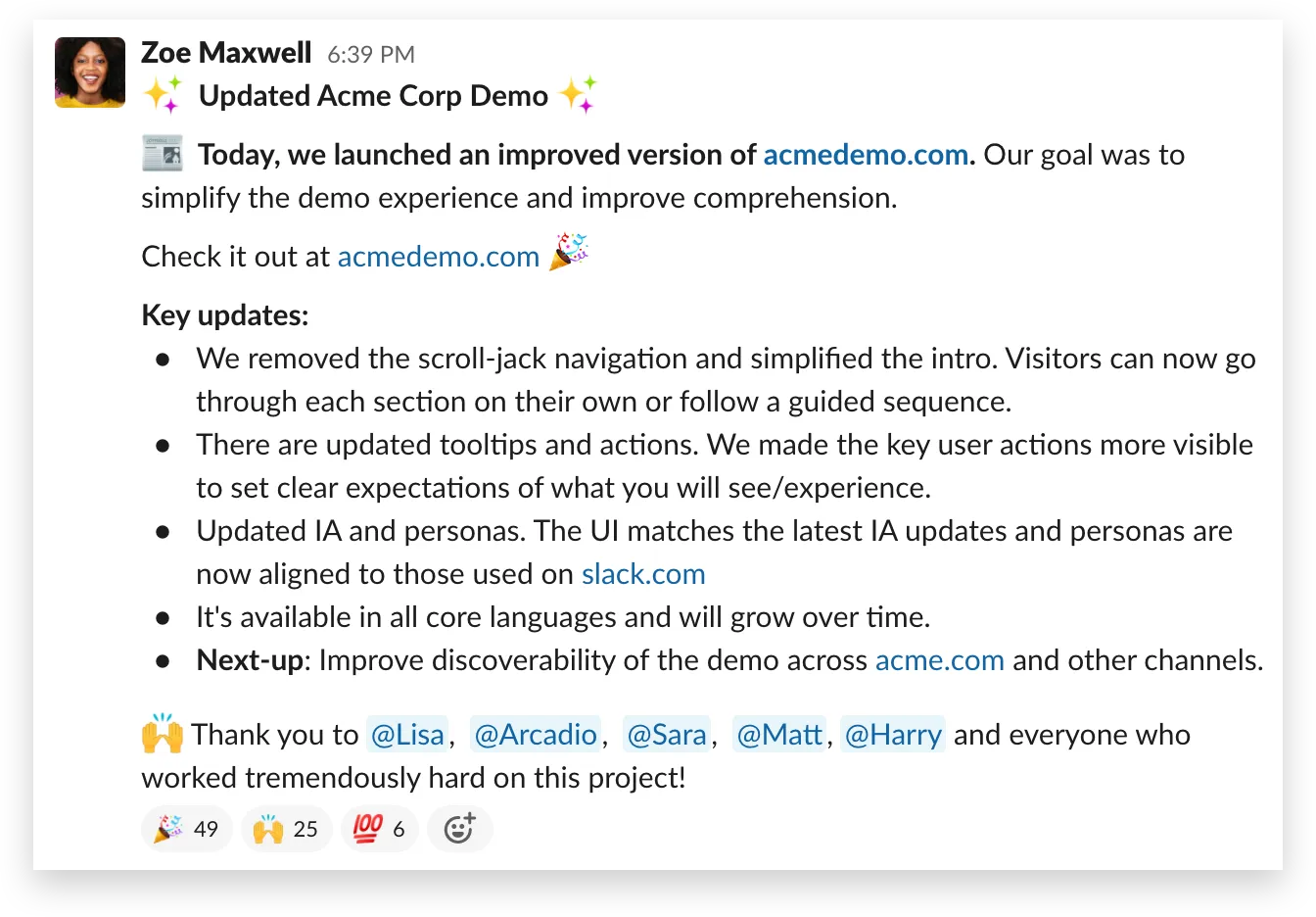 Feature announcement message on Slack