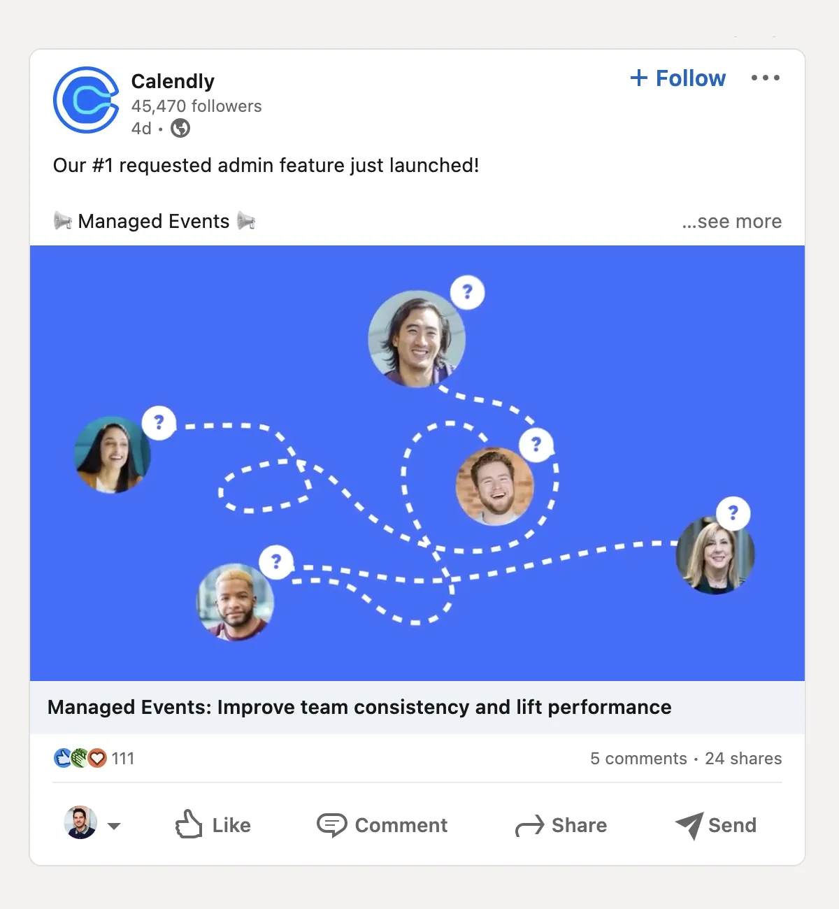 Calendly's feature announcement post on LinkedIn